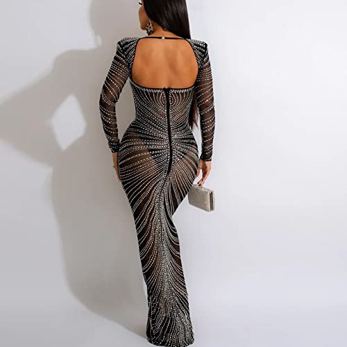 Kricesseen Sexy Rhinestone Crystal Mesh Patchwork Sheer Bodycon Dress Womens See-Through Birthday Clubwear Skinny Dresses (As1, Alpha, X_L, Regular, Regular, Xl)… #TOP1