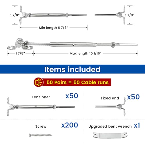 Muzata 50 Pairs 1/8\" Cable Railing Hardware Kit Swage Toggle Turnbuckle for Wood Post T316 Stainless Steel Deck Cable Railing System Angle 180° Adjustable Stairs 100 Pack CK07
