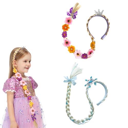 PLATEYTR Pelucas trenzadas para niñas set de 2 unidades morado y azul, accesorio de princesa ideal para fiestas, disfraces y juegos de rol