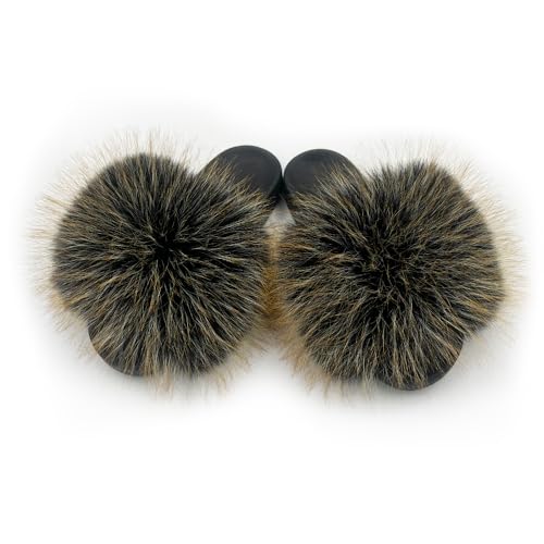Image of Women's Faux Fur Slides Slippers Fluffy Fuzzy Sandals Open Toe Furry Slide Flip Flop Indoor Outdoor