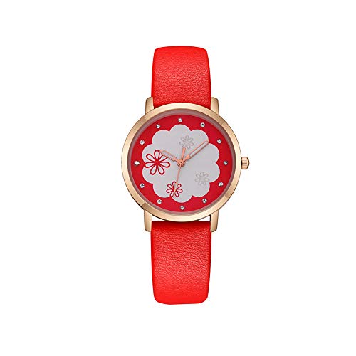 Jewelry Faux Leather Band Flower Printed Rhinestone Quartz Woman Wrist Watch,Colour Name:Pink (Color : Red)