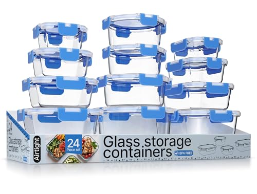 Bakken Borosilicate Glass Food Storage Containers with Lids 24 Pieces, BPA-Free Stackable Lunch & Leftover Containers, Microwave, Freezer & Dishwasher Safe, 100% Airtight Leak-Proof, Blue
