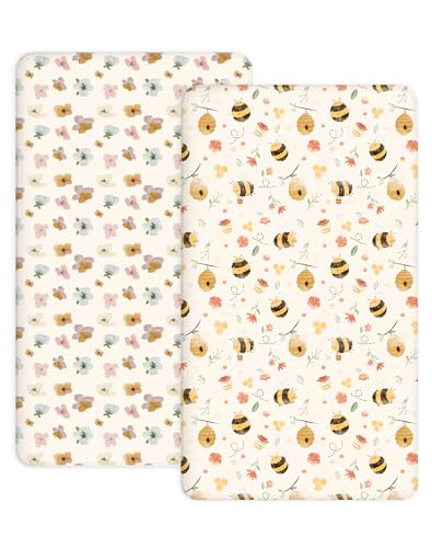 Image of Crib Sheets for Boys and Girls, 2 Pack Fitted Baby Sheets for Standard Toddler Mattress 28 inch x 52 inch, Soft Breathable Jersey Knit Baby Bedding (Bee Happy)