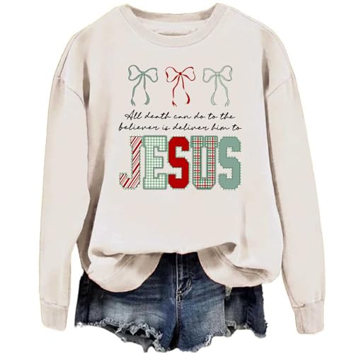 Image of TONGCHEN All Death can do to The Believer Christmas Christian Faith Religious Jesus Sweatshirts for Women (US, Alpha, Medium, Regular, Regular, Khaki)