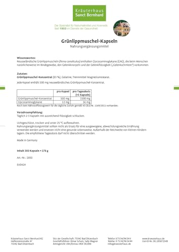 Sanct Bernhard Grünlippmuschel Kapseln Mensch | 300 Kapseln hochdosiert | 500 mg neuseeländisches Grünlippmuschelextrakt für Menschen | Qualität aus deutscher Herstellung | Made in Germany