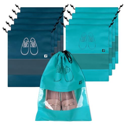 Image of Urbane Home Pack of 10 Shoe Bags | Shoe Bags for Travel | Non-Woven Shoe Storage Bags | Storage Organizers Set | Shoe Cover with Transparent Window | Shoe Dori Cover | Navy Blue & Green