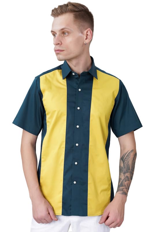 Firefly Blue and Anzac Yellow Subtle Sheen Super Soft Premium Cotton Designer Shirt(11609-SS-P483-39)