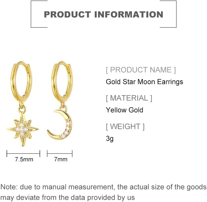 14K Gold Star Moon Hoop Earrings,Shiny Gold Dainty Moissanite Dangle Drop Earrings for Women,Fashion Jewelry Gift for Her - Image 2