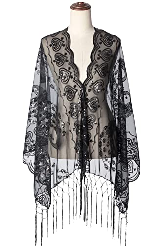 Image of BABEYOND 1920s Sequined Shawl Wraps for Women Fringed Evening Cape Wedding Bridal Shawl Scarf for Evening Dresses Party