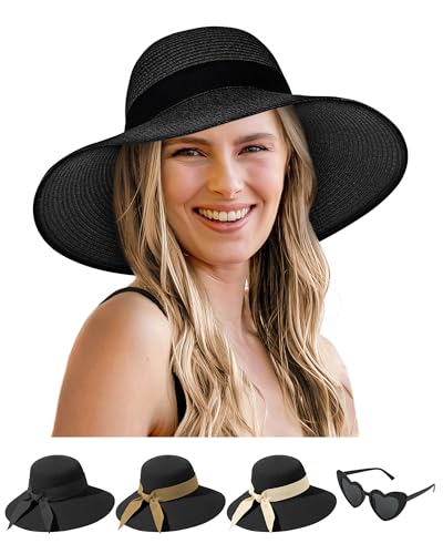 Senker Fashion Sun Hats for Women Wide Brim Straw Floppy Hat for Beach Summer Vacation Garden Packable Roll Up UPF 50+ Black