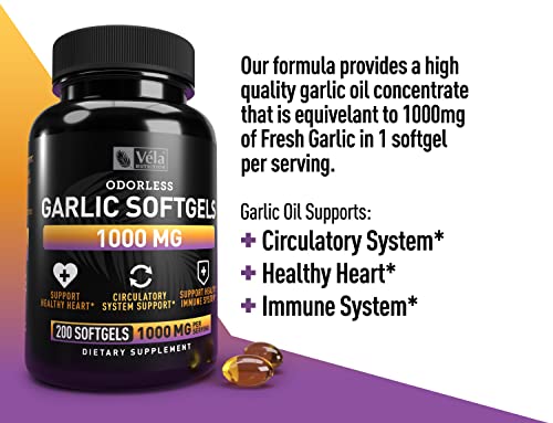 Véla Odorless Garlic Supplement | 1,000 Mg Per Serving | Support Heart Health, Circulation, And Immune System | Gmp Certified, Non-Gmo, 3Rd Party Tested | 200 Capsules #TOP4