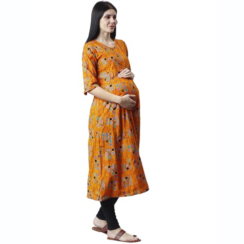 Image of CEE 18 Women's Cotton Rayon A-Line Maternity /Feeding Kurti with Zippers(9820 44,Electric Orange,2XL)