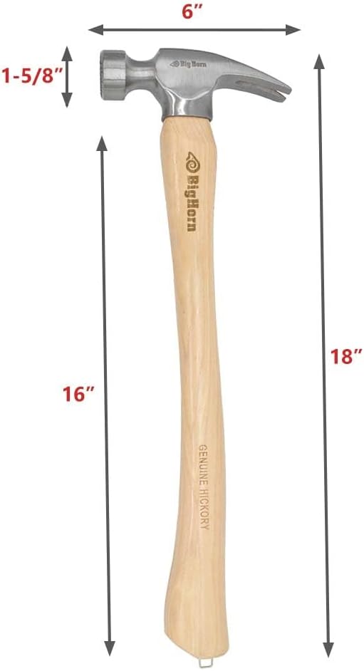Big Horn 15101 21 Oz Curved Handle Framing Hammer – Milled Face, Magnetic Nail Starter, Anti-Ring Claw, Precision Balanced Alloy Steel Head, Canadian Hickory Handle