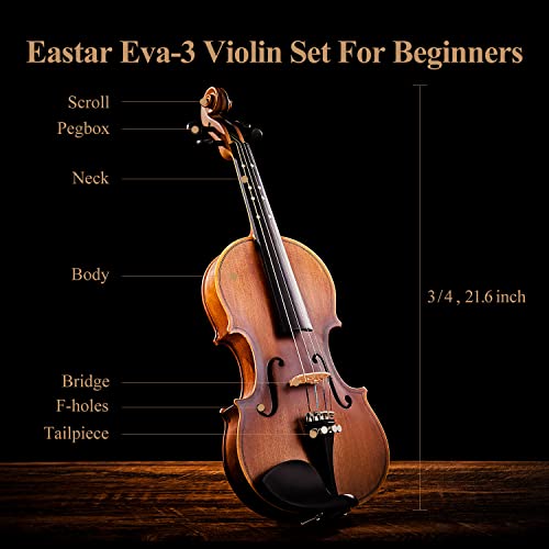 Eastar 3/4 Violin Set Fiddle Eva-3 Matte Fo Beginners With Hard Case, Rosin, Shoulder Rest, Bow, And Extra Strings (Imprinted Finger Guide On Fingerboard) #TOP3