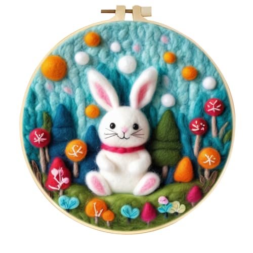 yesJRL Cute Rabbit Needle Felting Kit for Beginner, Needle Wool Felting Set with Needles, Foam Pad, Felt Cloth, Picture Frame for Home Decorations (Multi-Color)