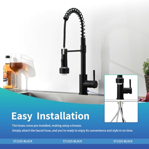 Image of GIMILI Commercial Kitchen Sink Faucet,Single Handle Solid Brass Pull Down Sprayer Spring Matte Black Kitchen Faucet with LED Light