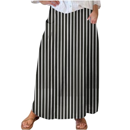 Womens Striped Skirts Casual Summer Skirts Plus Size Elastic Waist Skirts Loose Maxi Skirt with Pockets Pleated Skirt