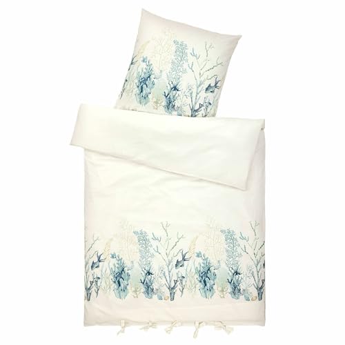 Loberon Bettwäsche Grosmagny, kunstvolles & maritimes Motiv, mit hübschen Bindebändern, atmungsaktiv & feuchtigkeitsregulierend, Schlafzimmertextilien, Baumwolle, Creme/blau