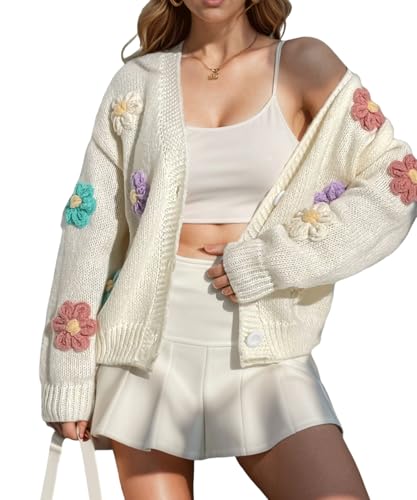 Image of Plus Size Sweaters for Wommen Cardigan Long Sleeve Sweatershirt Button up Colorful Flowers Cute White Tops Coat Fall Winter Oversize XL