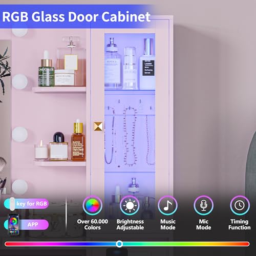 Image of Vanity Desk with Mirror and Lights, Pink Makeup Vanity with 5 Drawers Hidden Jewelry Organizer& LED Glass Cabinet,3 Light Mode and Brightness Adjusted,Vanity Mirror with Lights Desk and Chair