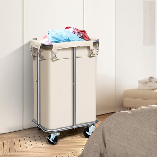 Cesta de lavandería con ruedas y bolsa de 100L en color beige 4