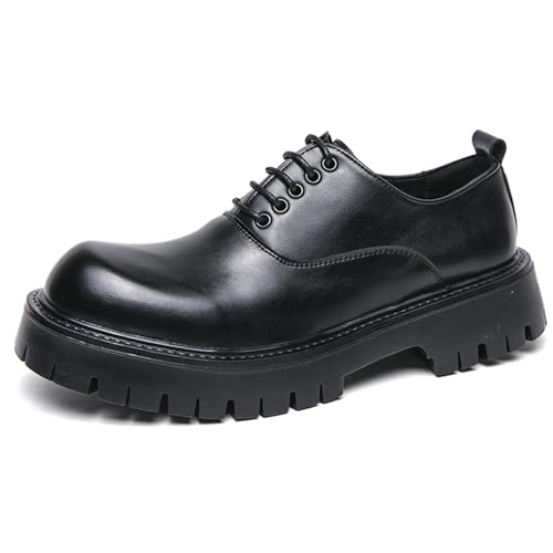 Image of Men's Polishing Leather Lace-Up Chunky Heels Oxfords Lug Sole Fashion Round Toe Formal Business Shoes Comfortable Non-Slip Walking Sneakers