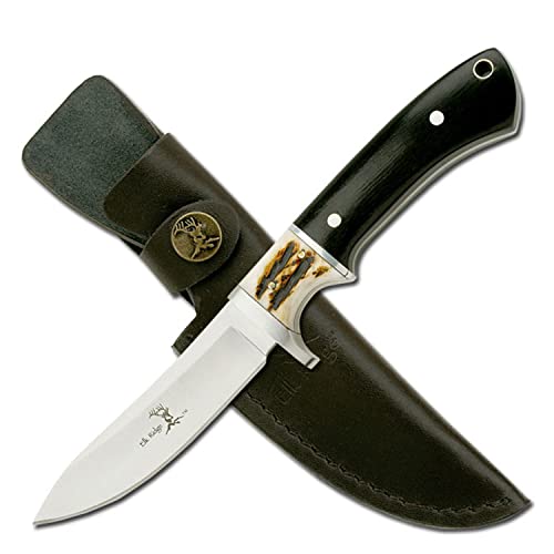 Elk Ridge - Outdoors Fixed Blade Knife - 8.5-in Overall, 3.75-in Mirror Polished Stainless Steel Blade, Full Tang, Jig Bone and Black Wood Handle, Leather Sheath - Hunting, Camping, Survival - ER-087, One Size