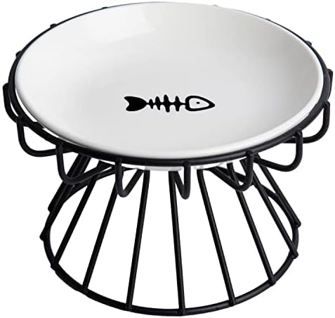 KITCHENLESTAR Ceramic Cat Food Plates,Cat Wet Food Bowls Cat Feeding Wide Bowls to Stress Relief of Whisker Fatigue Cat Dishes, Shallow Bowls for Kittens and Small Animals with Non-Slip Mat (Fish)