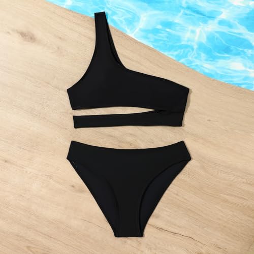 Little Girls Plain One Shoulder 2 Piece Swimsuit Kids High Waist Bikini Modest Matching Bathing Suit2