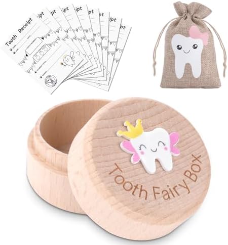 Gift Idea 10: 3D Carved Tooth Fairy Box Kit - Wooden Keepsake Holder with Fairy Bag and 10 Certificates for Baby Teeth