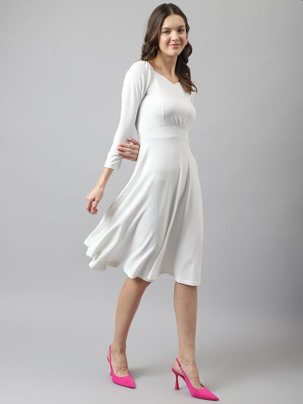 Image of Cicica Women's White Spandex Solid Fit & Flared Heart Neck 3 /4 Sleeve Western Dress | Colour - White
