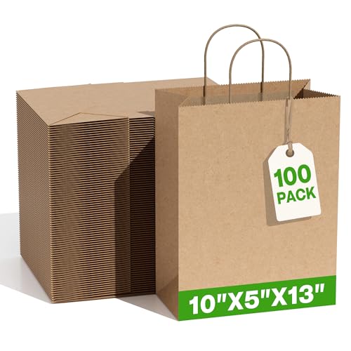 Image of Simple Deluxe 100 Pack Kraft Paper Bags with Handles 10x5x13 - Made in USA -15 Lb Max Load - 100% Recycled Natural Brown Shopping Bags for Retail, Gifts & Merchandise (Premium 90GSM)