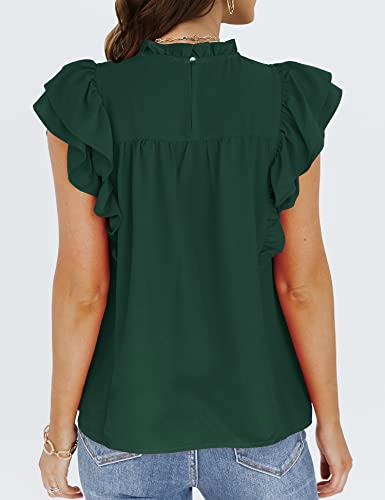 Theenkoln Womens Pleated Blouse Ruffle Sleeve Shirts Mock Neck Keyhole Back Summer Tunic Tops Green #TOP4