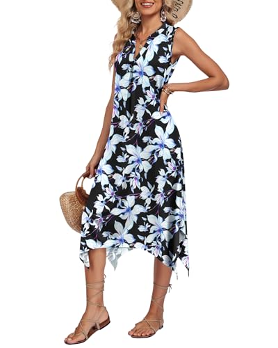 Image of AUSELILY Womens Summer Midi Dress V Neck Sleeveless Casual with Pockets | Flowy womens summer dress with asymmetrical hem, great for beach, vacation and daily wear