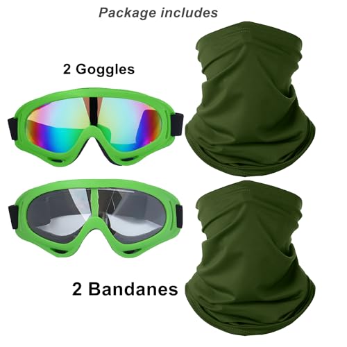 Image of LJDJ Motorcycle Goggles,2 Pack Dirt Bike ATV Motocross Riding Hiking Protective with 2 Pack Neck Breathable Bandana Mask (Green /Clear+Colorful Lenses)