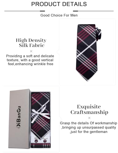 Image of DiBanGu Plaid Ties for Men Silk Checkered Necktie and Pocket Square Cufflinks Tie Clip Set with Gift Box for Wedding Business