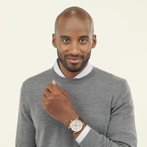 Image of BOSS Grand Prix 44 Qtz Fashion Chrono Silver White Round Dial Men's Watch|Brown Leather Material|Brown Color Band - 1514225