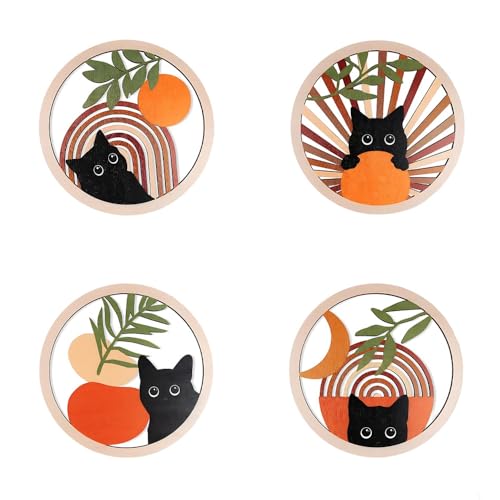4Pcs Boho Cat Coasters Set Fun Cat Gifts for Women & Girls Wooden Personalised Coaster for Tea and Coffee Cute Drink Coaster for Home Decor Tabletop Protection and Cat Lover Gifts