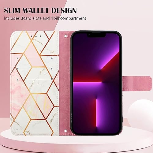 Image of ClickCase Marble Series Faux Leather Back Case Card Holder Wallet with Magnetic Closure Flip Cover for iPhone 15 Plus (Pink White)
