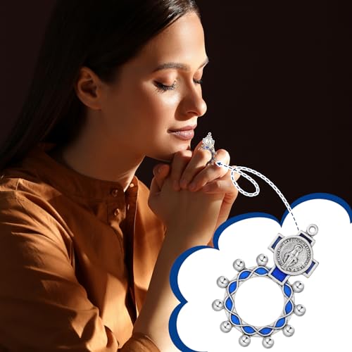 24 Pcs Finger Rosary Ring Traditional Catholic Pocket Rosary Ring Christian Medal Jewellery Crucifix Bulk Blue Keychain for Baptism Favors Prayer Accessories3