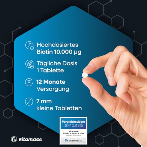 Biotin hochdosiert 10.000 mcg + Selen + Zink für Haarwuchs, Haut & Nägel, 365 vegane Tabletten für 1 Jahr, Nahrungsergänzung ohne Zusatzstoffe, Made in Germany