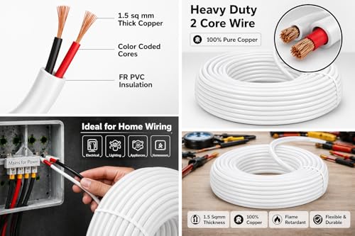 Image of Bunde 2 Core 1.5 Sq mm Copper Wire Flexible Cable | 1.5mm Twin Wire for Home Wiring, Extension Board, Electrical Appliances | FR PVC Insulated Electric Wire | Heavy Duty Copper Cable (20 METER)