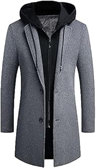 PRIJOUHE Men's Wool Coat Hoodie Long Trench Coat Cotton Casual Woollen Overcoat Jacket