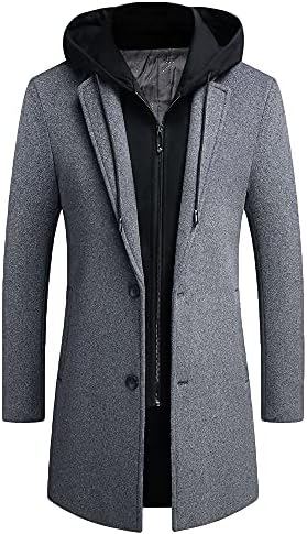 PRIJOUHE Men's Wool Coat Hoodie Long Trench Coat Cotton Casual Woollen Overcoat Jacket