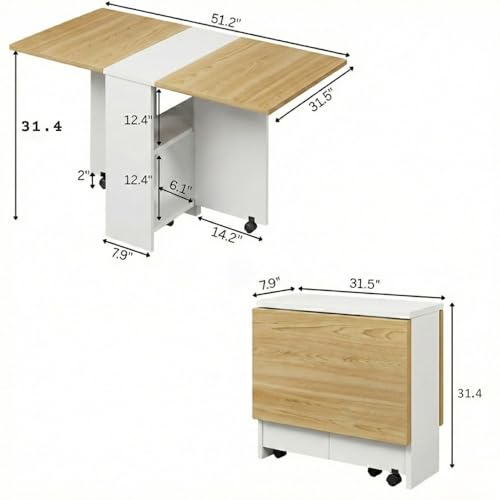 Image of TEKAVO Peyton Foldable Dining Table for Home 4 Seater | Space Saving, Movable with Wheels Folding Dining Table | 130cm x 80cm x 80cm | Mile Oak & White | DIY