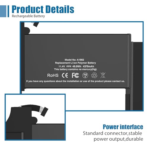 Image of A1965 Laptop Battery Replacement for MacBook Air 13 inch Retina (2018 2019, Early 2020) EMC 3184 3302 MRE82 MRE92 MVFH2 MWTJ2 MVH22 MacBookAir8,1 8,2 9,1 Series A1932 A2179 11.4 V 55 Wh 4800 mAh