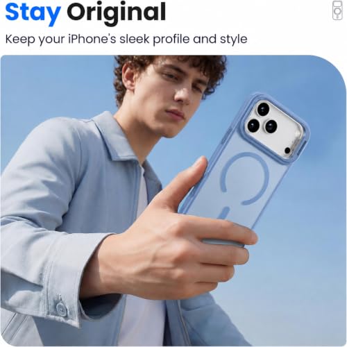 Image of Elzzi Kickstand Case for iPhone 17 Pro Max Case Compatible with MagSafe, Built-in Adjustable Camera Guard Stand, Translucent Matte Anti-Fingerprint Heavy Duty Shockproof Phone Cover - Official Blue