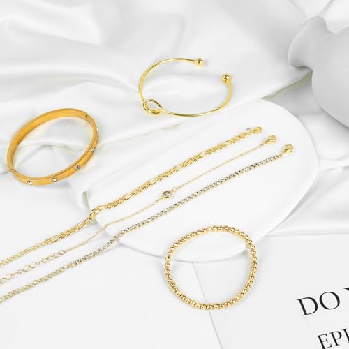 Kit 6 bracelets réglables anti-ternissement mailles Figaro et chevrons or