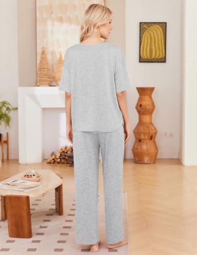 Image of Ekouaer 2 Pack Womens Pajamas Sets Short Sleeve Long Pants Pjs Lounge Set