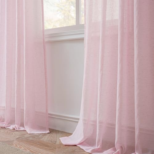 Image of FMFUNCTEX Linen Sheer Curtains for Bedroom, Pink Curtains 96 inches Long for Living Room, Blush Pink Farmhouse French Flax Blend Window Draperies, Rod Pocket 2 Panels Set